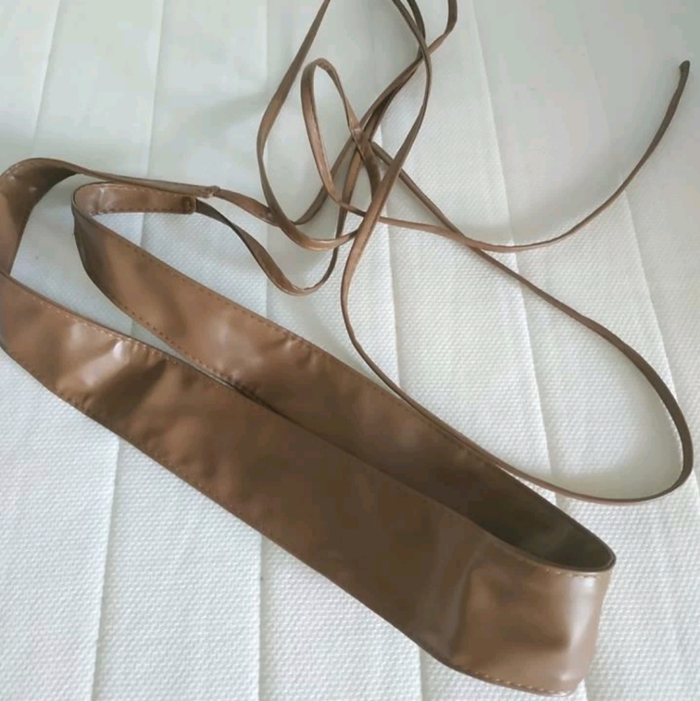 Womens Brown vegan leather corset wide tie waist boho cinch wrap obi belt - Picture 10 of 16